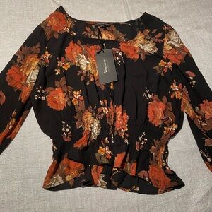 Elegant Floral Blouse in Black and Orange by Shein